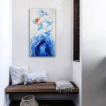 pomysł na niebieski nietypowy nowoczesny oryginalny akrylowy obraz Trzepot myśli 4 ręcznie malowany na płótnie do salonu we wnętrzu