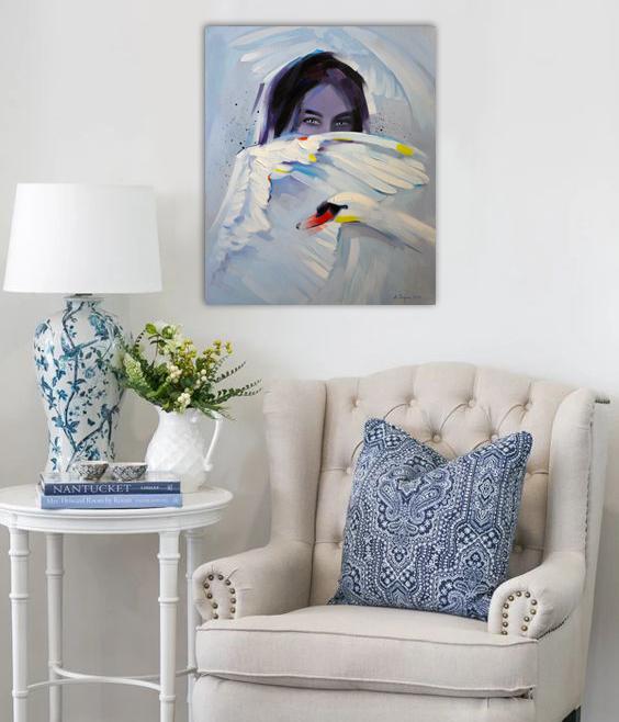 pomysł na niebieski nietypowy nowoczesny oryginalny akrylowy obraz Trzepot myśli 7 ręcznie malowany na płótnie do salonu we wnętrzu