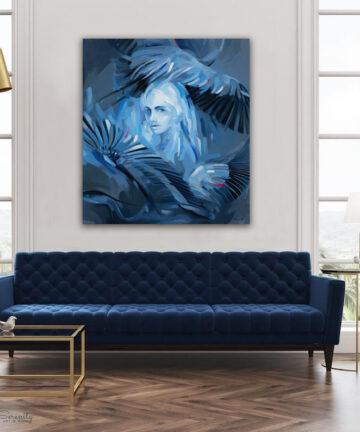 pomysł na niebieski nietypowy nowoczesny oryginalny akrylowy obraz Trzepot myśli 9 ręcznie malowany na płótnie do salonu we wnętrzu
