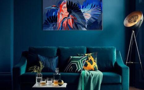 pomysł na niebieski nietypowy nowoczesny oryginalny akrylowy obraz Trzepot myśli 5 ręcznie malowany na płótnie do salonu we wnętrzu 2